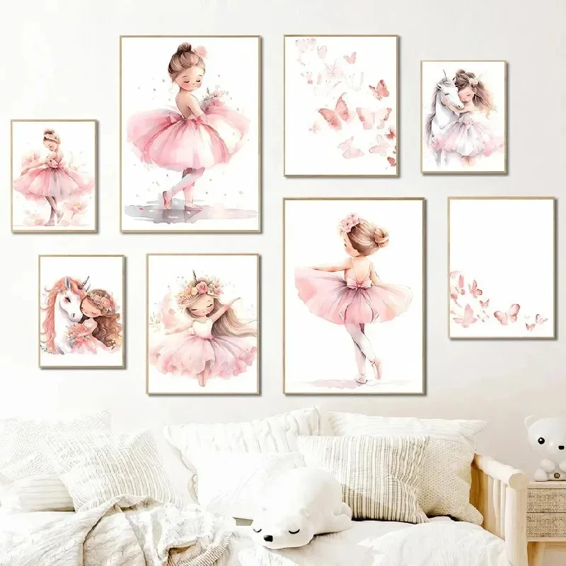 Baby Nursery Girl Room - Różowy Plakat z Baletniczką, Jednorożcem i