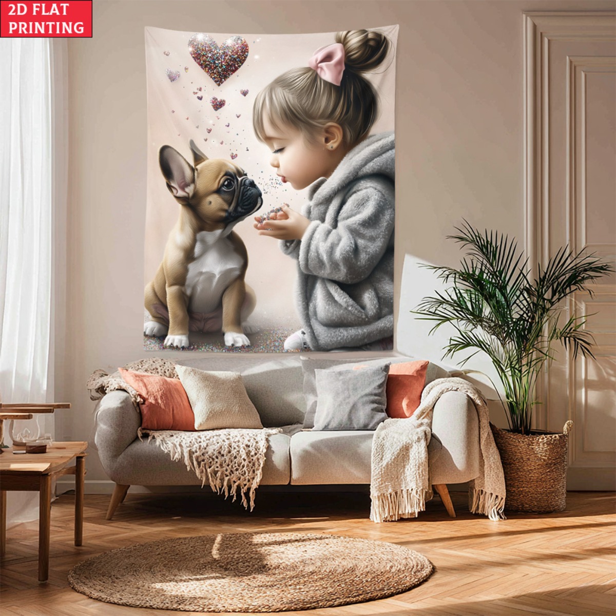 Baby Nursery Girl Room - Dziewczyna z szczeniakiem buldoga francuskiego, gobelin