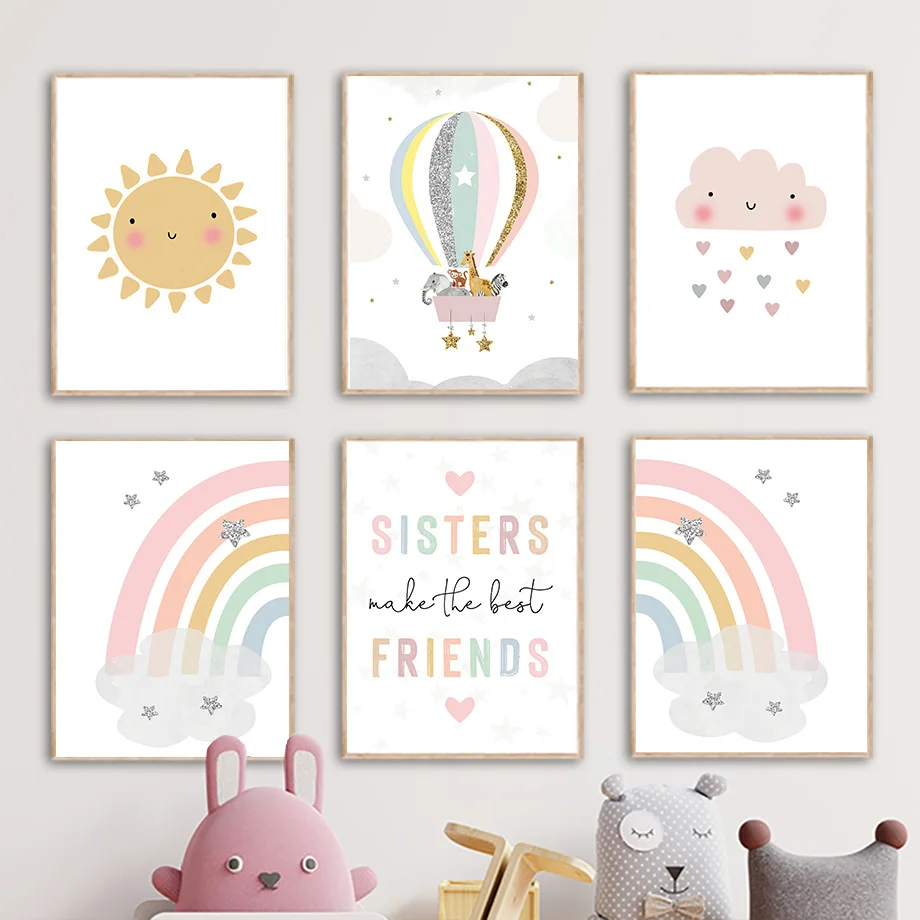 Baby Nursery Girl Room - Żyrafa Słoń Balon Słońce Tęcza Plakaty