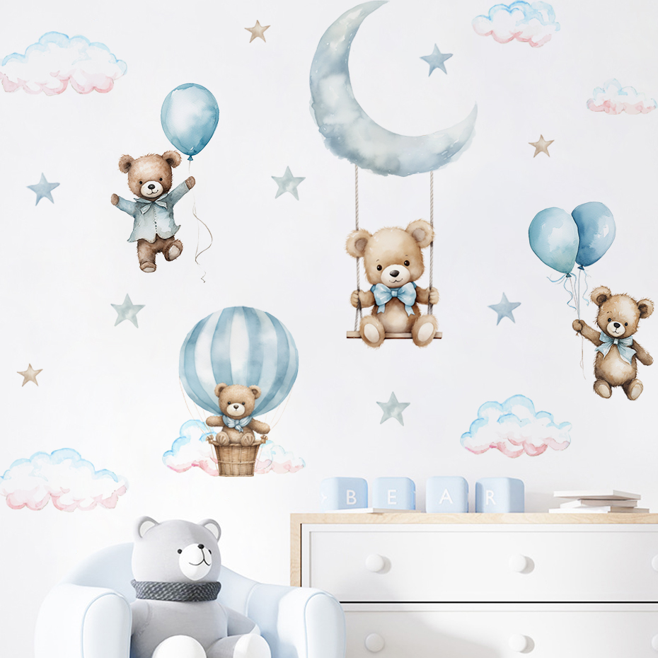 Baby Nursery Decor Boy - Akwarela Niedźwiedź Balon na gorące powietrze