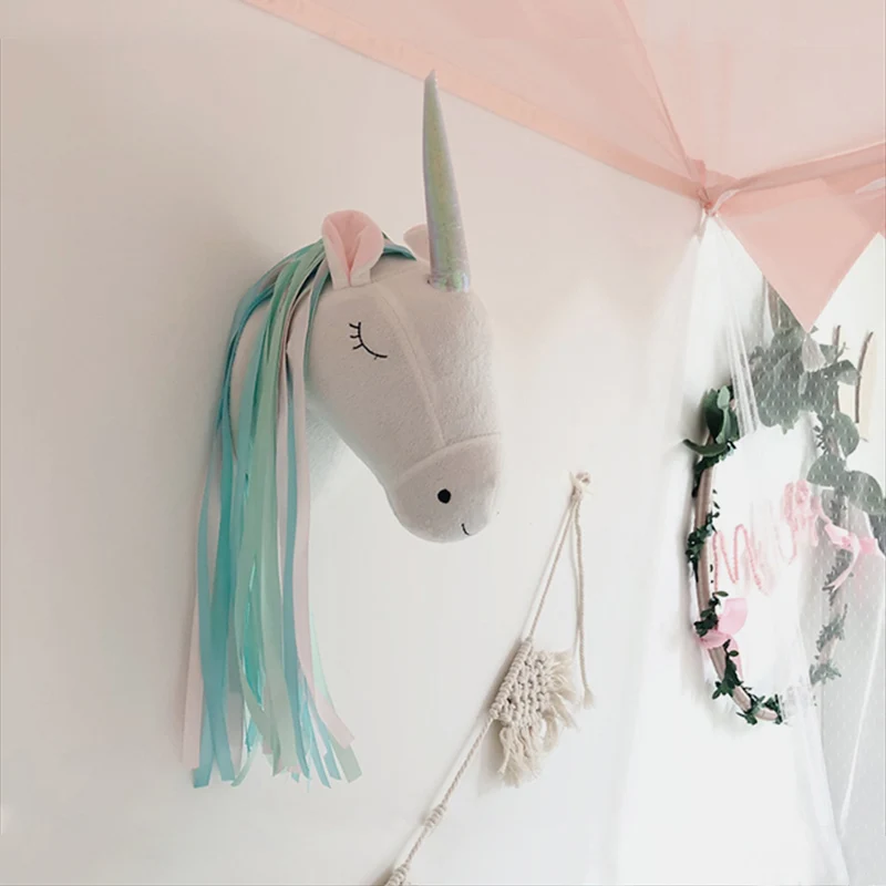 Baby Nursery Girl Room - Pluszowa Głowa Jednorożca - Ozdoba Ścienna