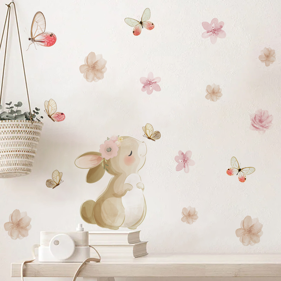 Baby Nursery Girl Room - Cartoon Rabbit Flowers Butterfly Wall Sticker