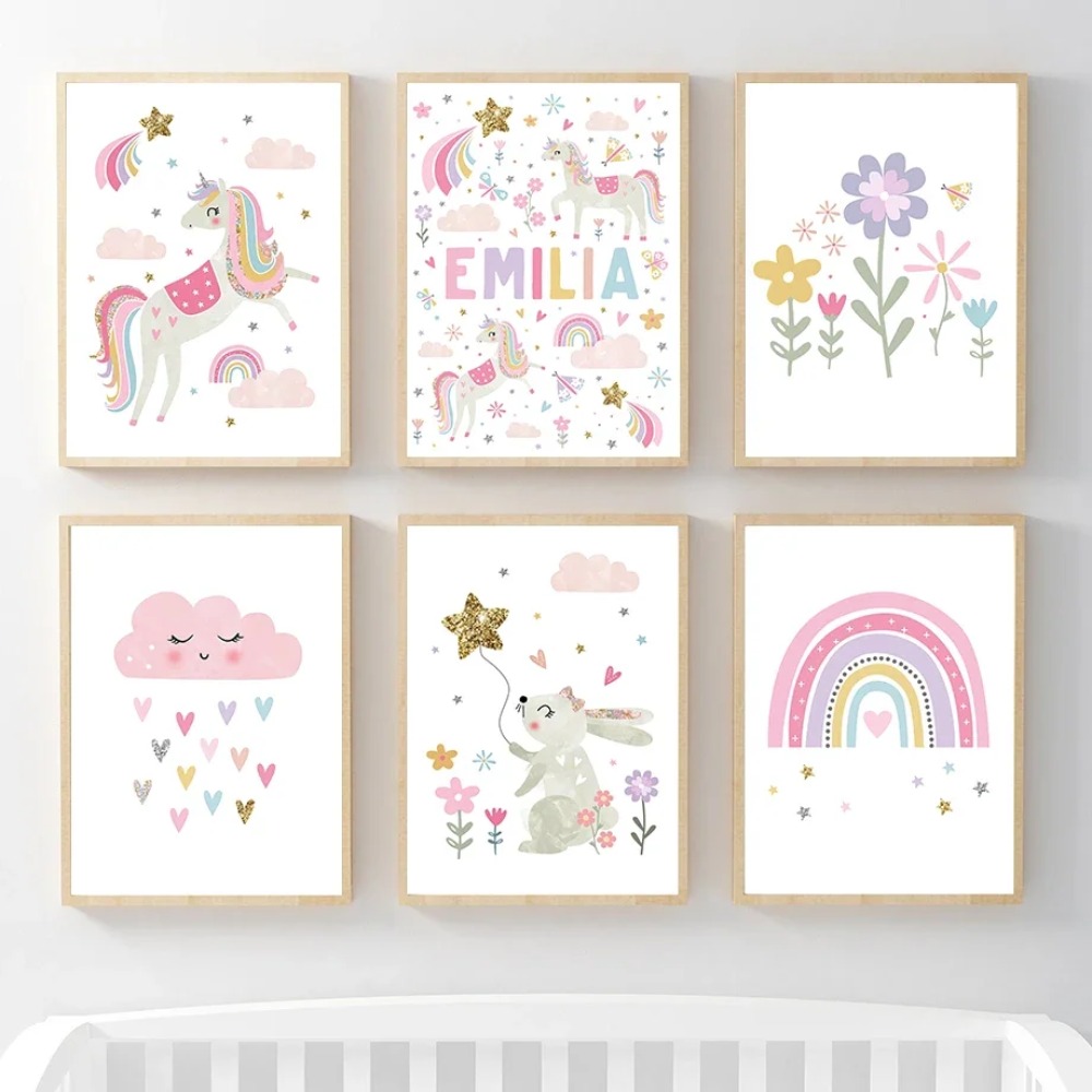 Baby Nursery Girl Room - Różowy Jednorożec Królik Tęcza Chmura Kwiaty