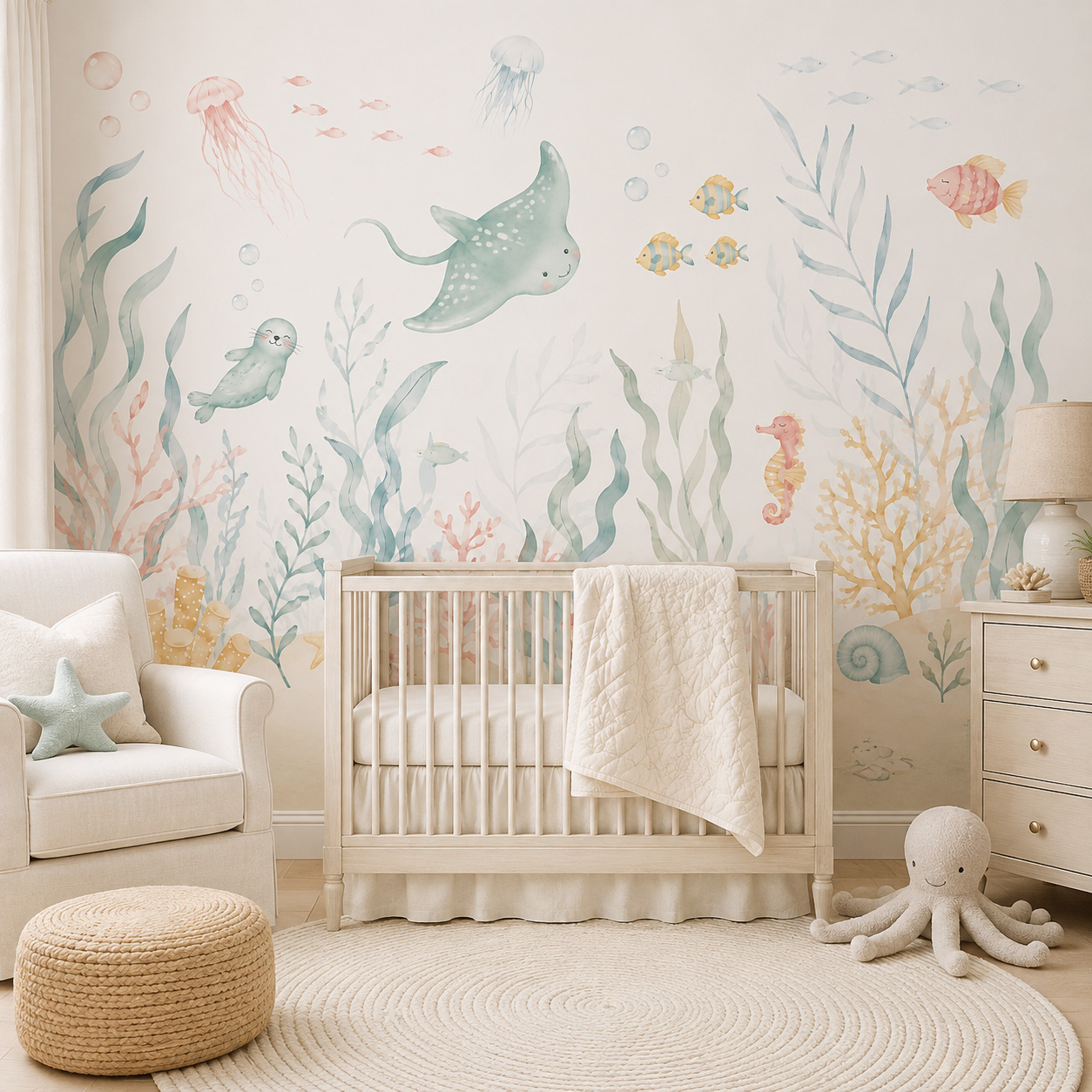 Baby Nursery Peel And Stick Wallpaper - Samoprzylepna tapeta z motywem zwierząt morskich,