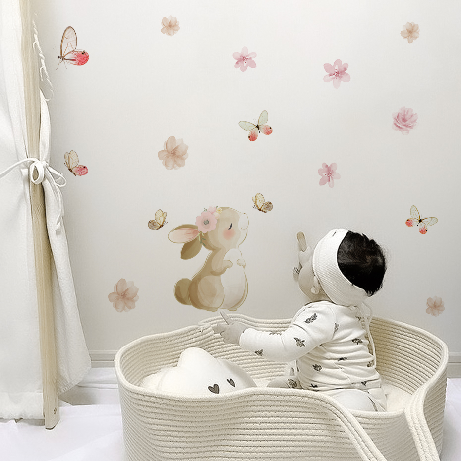 Cartoon Rabbit Flowers Butterf – Baby Nursery Girl Room recenzja i cena