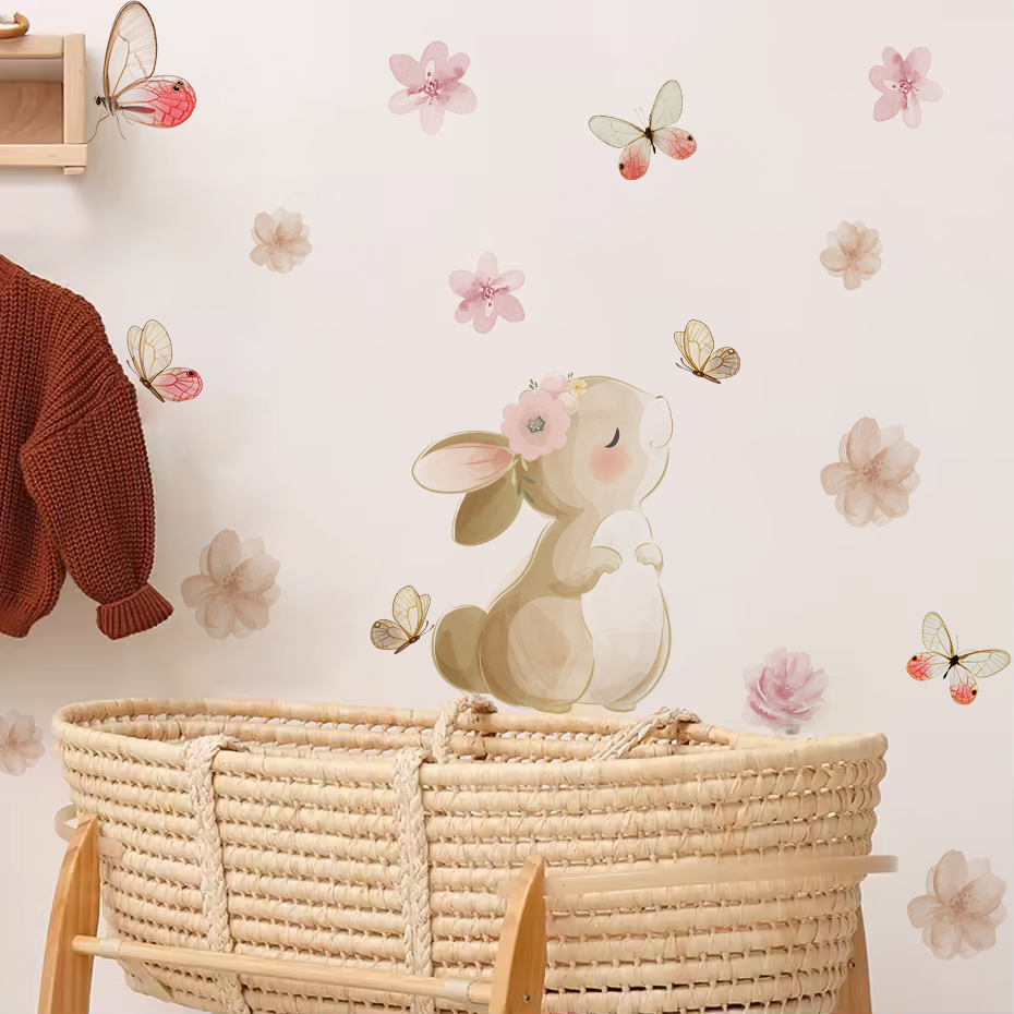 Cartoon Rabbit Flowers Butterf – Baby Nursery Girl Room recenzja i cena